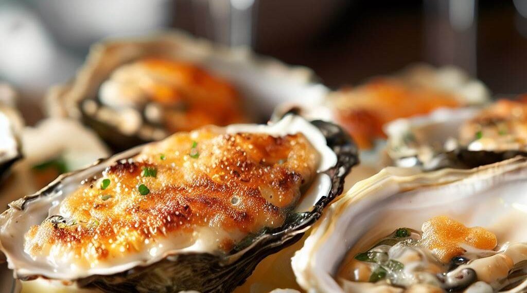 Ostras Gratinadas com Espuma de Champagne. Deliciosas