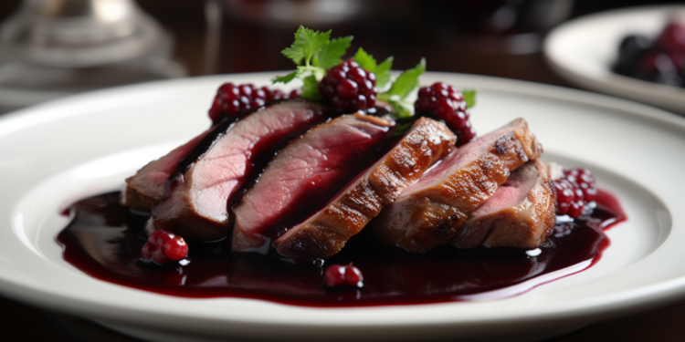 Magret de Pato ao Molho de Vinho Tinto e Frutas Vermelhas