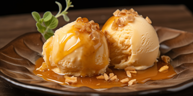 Sorvete de Baunilha com Calda de Caramelo. Delicia de Tratamento