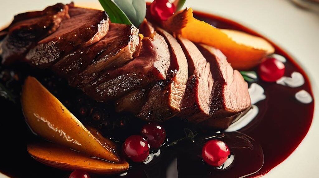 Magret de Pato ao Molho de Vinho Tinto e Frutas Vermelhas