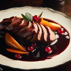 Magret de Pato ao Molho de Vinho Tinto e Frutas Vermelhas