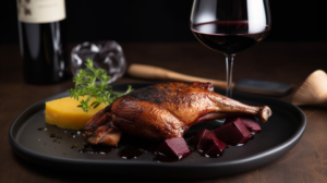 Peito de Pato com Molho de Vinho Tinto e Purê de Batata Trufado